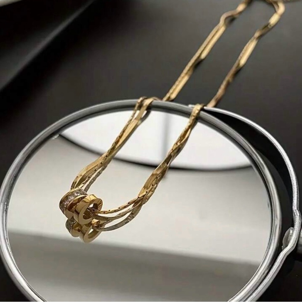 New Stainless Steel Waterproof Gold Color Rotating Double Layer Necklace